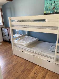 2 łóżka piętrowe w pokoju z drewnianą podłogą w obiekcie Maison de vacances 3 chambres avec terrasses w mieście Saint-Georges-de-Didonne