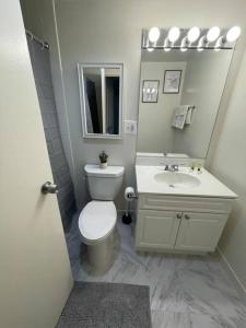 a bathroom with a toilet and a sink and a mirror at Discover an exclusive Condo at Crystal City with gym in Arlington