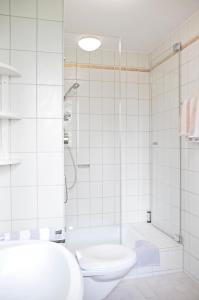 Ferienwohnungen Wendelstein في باد فيلينباتش: حمام أبيض مع دش ومرحاض