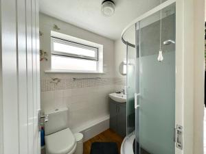 a bathroom with a toilet and a sink at SEAVIEW self-catering coastal bungalow in rural West Wight in Freshwater
