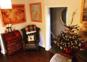 a living room with a christmas tree and a chair at Snowdon Cottage in Dinorwic