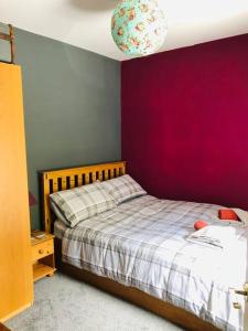 a bedroom with a bed and a purple wall at Snowdon Cottage in Dinorwic