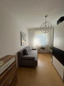 a living room with a couch and a television at Apartament Acasa in Spielberg