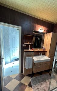 een badkamer met een wastafel en een douche met een spiegel bij Prémium Apartman Nyíregyháza in Nyíregyháza