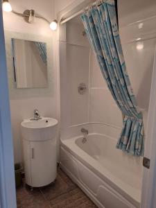 a bathroom with a sink and a tub and a toilet at Three Island Motel in Bobcaygeon
