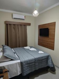 Schlafzimmer mit einem Bett und einem Flachbild-TV in der Unterkunft Hotel Vale Do Ivinhema in Bataiporã