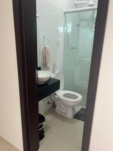 ein Badezimmer mit Toilette, Waschbecken und Dusche in der Unterkunft Apartamento LION in João Pessoa