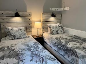 a bedroom with two twin beds and a lamp at Celadon Lodge in Radium Hot Springs