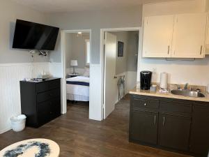 una pequeña cocina con fregadero y un dormitorio en Celadon Lodge, en Radium Hot Springs