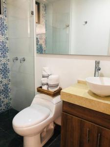 een badkamer met een wit toilet en een wastafel bij Hermoso loft en el centro histórico de Bogotá. in Bogota