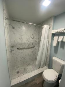 ein Bad mit einer Dusche und einem WC in der Unterkunft Star Inn Motel in Costa Mesa