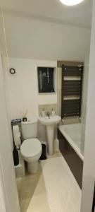 a bathroom with a toilet and a sink and a tub at Maple House - Inviting 1-Bed Apartment in London in London