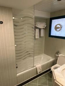 a bathroom with a shower and a tub and a toilet at Gawharet Al Ahram Hotel in Cairo