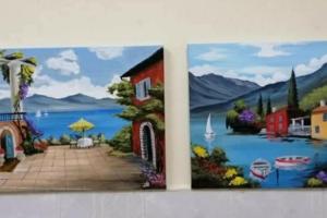 a painting of a house next to a lake at Newly renovated cozy studio 2 min 2 SEA in Alexandria