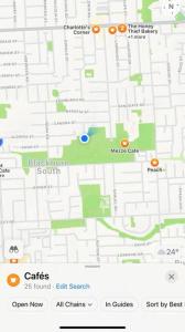 una captura de pantalla de un mapa de Google con círculos naranjas en Guest house on the park, en Burwood East
