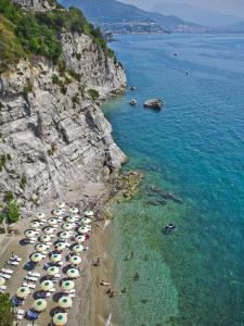 an aerial view of a beach with umbrellas and people at Hotel Cetus in Cetara