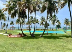 um parque com palmeiras e uma piscina em Ocean Zen em Fajardo