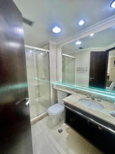 y baño con aseo, lavabo y espejo. en INTERNATiONAL PLAZA PAULISTA JARDINS ROOFTOT THE VIEW, en São Paulo