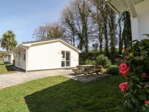 a white building with a picnic table in a yard at 3 Rosecraddoc Lodge in Saint Cleer