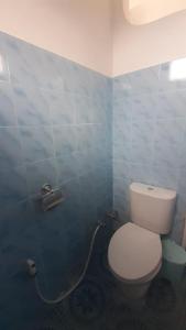 uma casa de banho com um WC branco num quarto azul em Bintang Bungalow Tour & Travel em Kelimutu