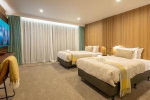 une chambre d'hôtel avec deux lits et une télévision dans l'établissement Alpine Studio Coulson, à Lac Tekapo