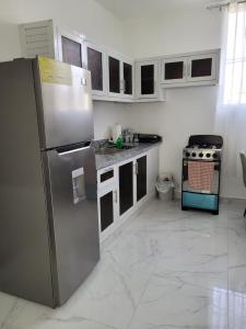 cocina con nevera de acero inoxidable y fogones en Departamento Luna, en Santo Domingo