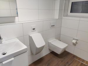 a white bathroom with a toilet and a sink at Ferienwohnung Eyach in Balingen