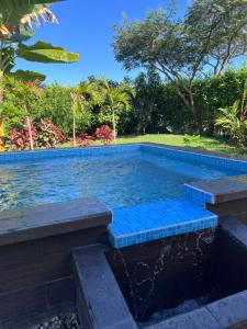 a swimming pool with blue tiles in a yard at Ruztico glamping in Villavicencio