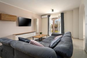 ein Wohnzimmer mit einem großen Sofa und einem TV in der Unterkunft Holiday house Leana in Pazin