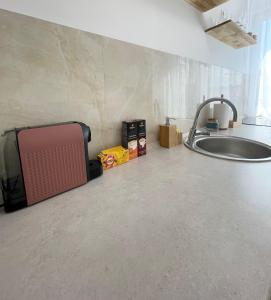 a kitchen counter with a sink and a microwave at Buddha's apartment in Cluj-Napoca