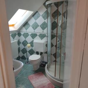 een badkamer met een toilet en een glazen douche bij Norbi Vendégház in Balatonszárszó