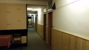 a hallway of a building with wooden walls and a hallway sidx sidx at Hotel Zimní stadion Náchod in Náchod