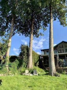 une maison avec trois arbres et un banc dans l'herbe dans l'établissement Waterfront Eagle Nest, à Nanaimo
