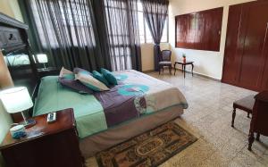 a bedroom with a large bed with pillows on it at Departamento vintage in Papantla de Olarte