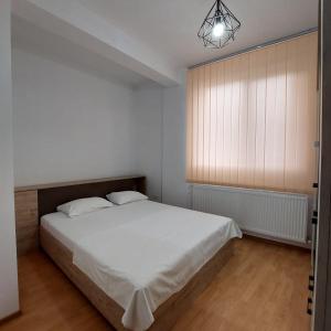 een slaapkamer met een groot wit bed en een raam bij Apartament1 in Constanţa