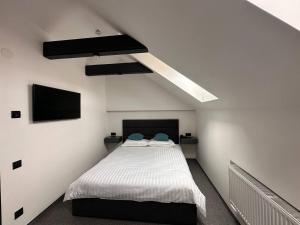 a bedroom with a bed and a tv on the wall at Royal Wood Hotel in Rokytne