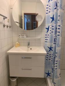 a bathroom with a white sink and a mirror at Ferienwohnung Schwitzkowski in Glücksburg