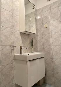 bagno bianco con lavandino e specchio di Apartments Ivana a Zubovići