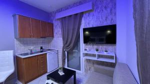 eine kleine Küche mit einem Waschbecken und ein Badezimmer in der Unterkunft PREMIUM SUITES in Ofrynio