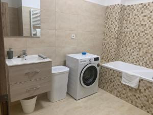 a bathroom with a washing machine and a sink at Paskom Apartmanház in Nyergesújfalu