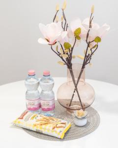 una mesa con dos botellas de agua y un jarrón con flores en Classy & Cozy apartment 2 en Liubliana