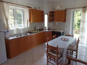 a kitchen with wooden cabinets and a table and a sink at Happy Days Apartment in Tiros