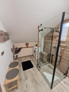 a room with a shower and a glass door at Sweet Home Ferienwohnung in Ruderatshofen