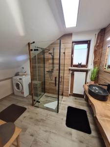 a bathroom with a glass shower and a sink at Sweet Home Ferienwohnung in Ruderatshofen