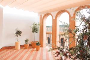 an indoor courtyard with potted plants in a building at MonKeys Apartments Pureza House in Seville