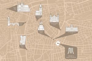 a drawing of a map of a city with buildings at Aparthotel Rimska 14 in Prague