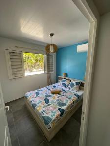 a bedroom with a bed with blue walls and a window at VillaCalmflor in Sainte-Anne