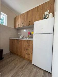 cocina con nevera blanca y armarios de madera en Apartmani Jela Tara en Kaludjerske Bare