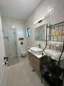 a bathroom with a sink and a shower and a toilet at צימר פסטורלי בהגושרים in Hagoshrim