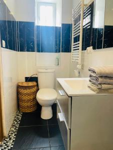 Łazienka z białą toaletą i umywalką w obiekcie Les appartements du village w Nancy +18 zdjęć